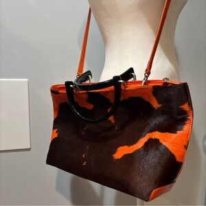 Unique Barbara Milano Orange Brown Cow Fur Satchel Plastic Handle Crossbody Purs